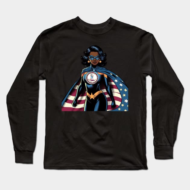 Richmond Virginia 1980s Black Female Comic Book Superhero RVA American Flag Long Sleeve T-Shirt by Woodpile